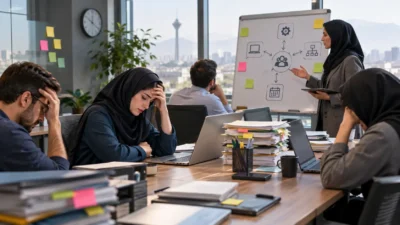 خستگی کارکنان از تغییرات پی‌درپی سازمانی در جلسه کاری و فشار ناشی از تعدد پروژه‌